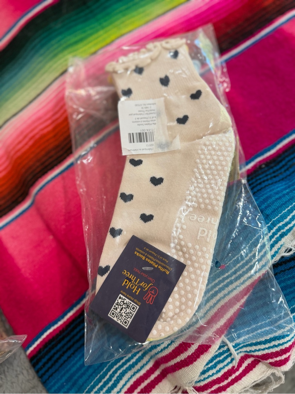 Hold For Three Beige, Yellow, light blue Heart Grip Crew Socks - Women's